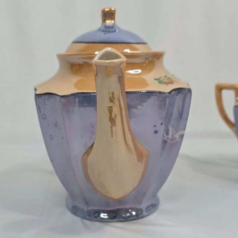 Vintage Takito Japan Lusterware Tea Set | 3 Pc Peach Blue Floral | 1920s-1940s - Picture 8 of 10